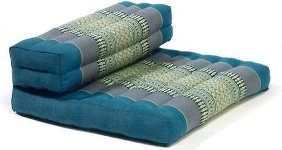 Blauw Thaïs kussen, uitklapbaar, met gestreept patroon in grijs en creme.