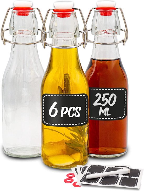 6 bouteilles en verre avec couvercle basculant 250 ml - 6 joints  supplémentaires avec