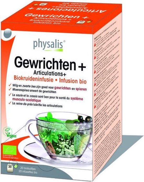 Doosje Physalis Gewrichten+ Biokruideninfusie. Zichtbaar is een kopje thee met zwarte bessen, munt en kruiden.