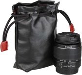 Zacht PU-leer + Villus opbergtas met vasthoudsnoer voor cameralens, afmeting: 90 mm x 60 mm x 160 mm