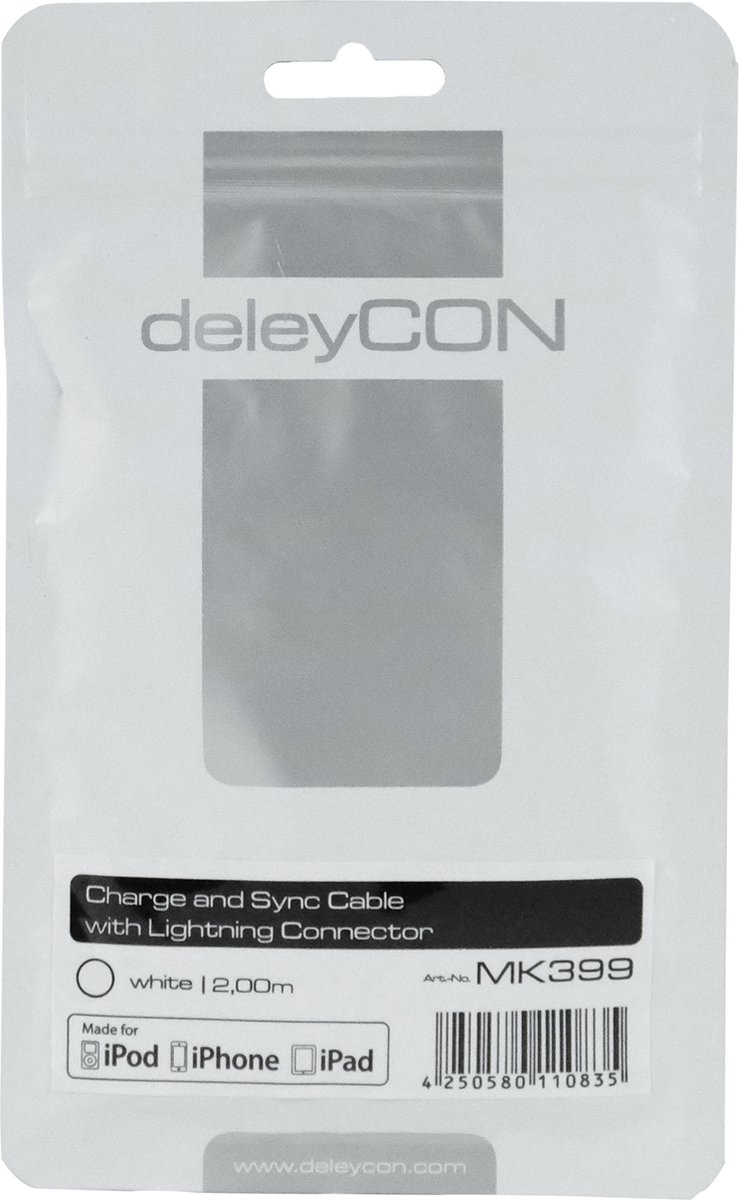 deleyCON USB - Lightning mobiele telefoonkabel USB A Wit 2 m