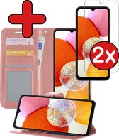 Samsung A14 Hoesje Book Case Hoes Portemonnee Cover Walletcase Met 2x Screenprotector - Samsung Galaxy A14 Hoes Bookcase Hoesje - Rose Goud