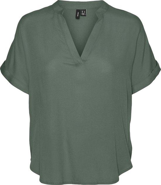 Dames Top Casual Splitneck omgeslagen Mouwboorden Blouse Korte mouw