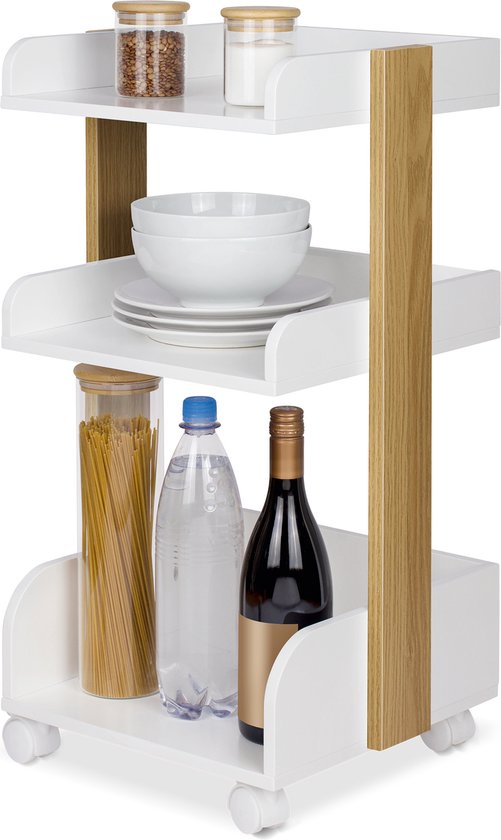 Bomoe Bosse - Chariot de Cuisine en Bois FSC® sur 4 Roues Verrouillables & 3 Niveaux - Chariot de Service 32x35x69cm Wit & Chêne pour Salle de Bain Bureau