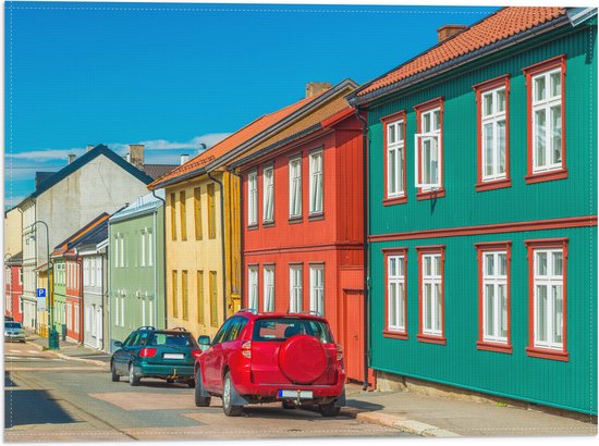 Vlag - Gekleurde Houten Huisjes in Straatje in Oslo, Noorwegen - 40x30 cm Foto op Polyester Vlag