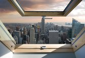 Fotobehang - Vlies Behang - 3D Uitzicht op New York en het Empire State Building vanuit het dakraam - 368 x 254 cm