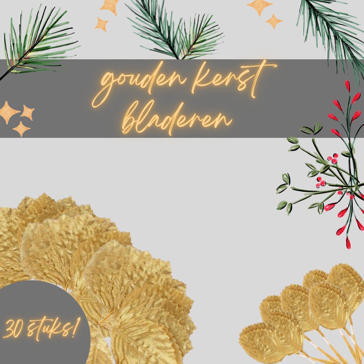 Goudkleurige kerstbladdecoraties in set van 30 stuks voor kersttafel - kerstversiering met bladerenmotief voor knutselen en feestdagen.