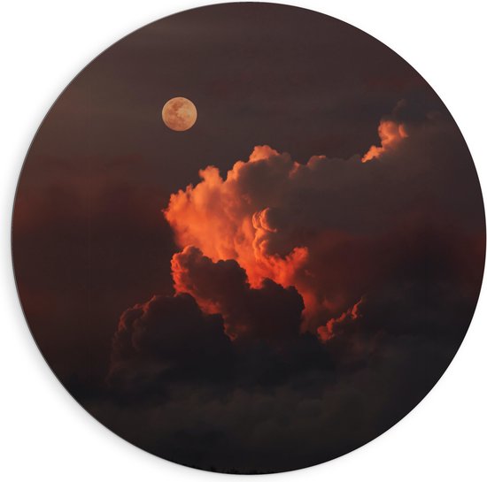 Dibond Muurcirkel - Maan bij Wolken - 90x90 cm Foto op Aluminium Muurcirkel (met ophangsysteem)