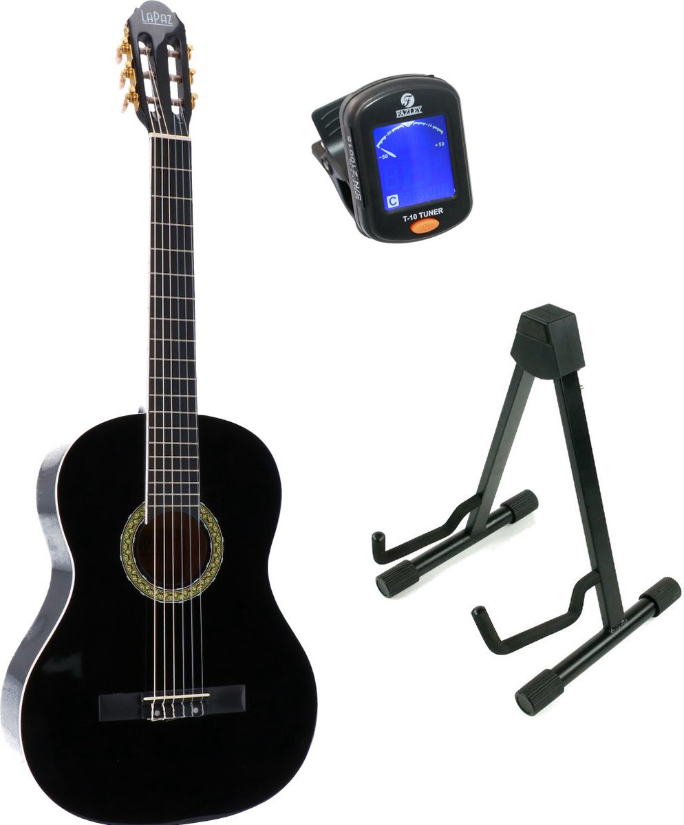 LaPaz 002 BK klassieke gitaar 4/4-formaat zwart + statief + stemapparaat