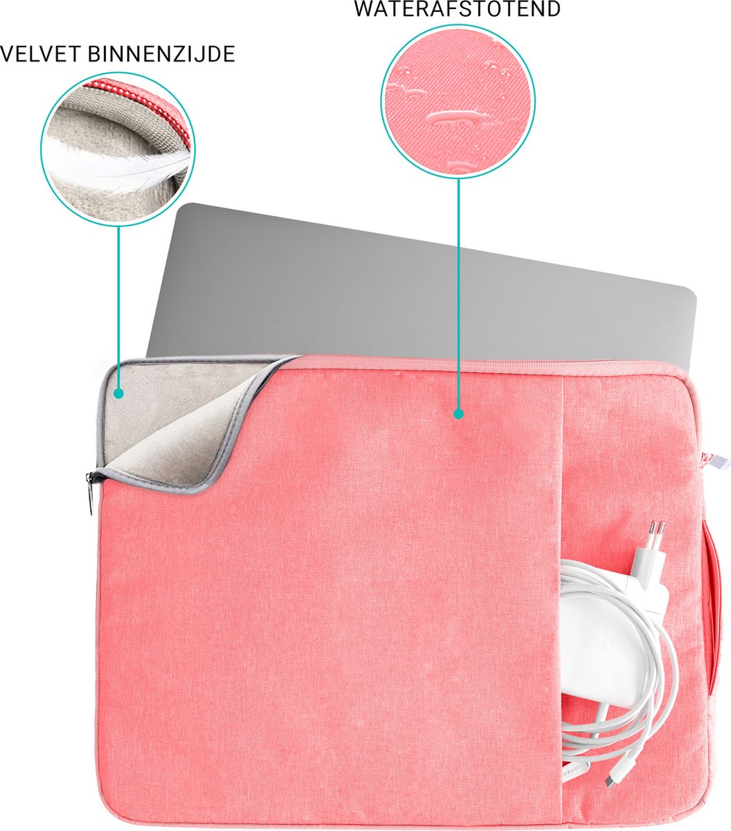 Laptophoes 15,6 inch roze waterafstotend lichtgewicht soft velvet binnenkant krasbestendig met ritssluiting - Afbeelding 2