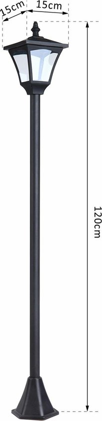 Zwarte lantaarnpaal met afmetingen: 120cm hoog, 15x15cm voor de lamp.