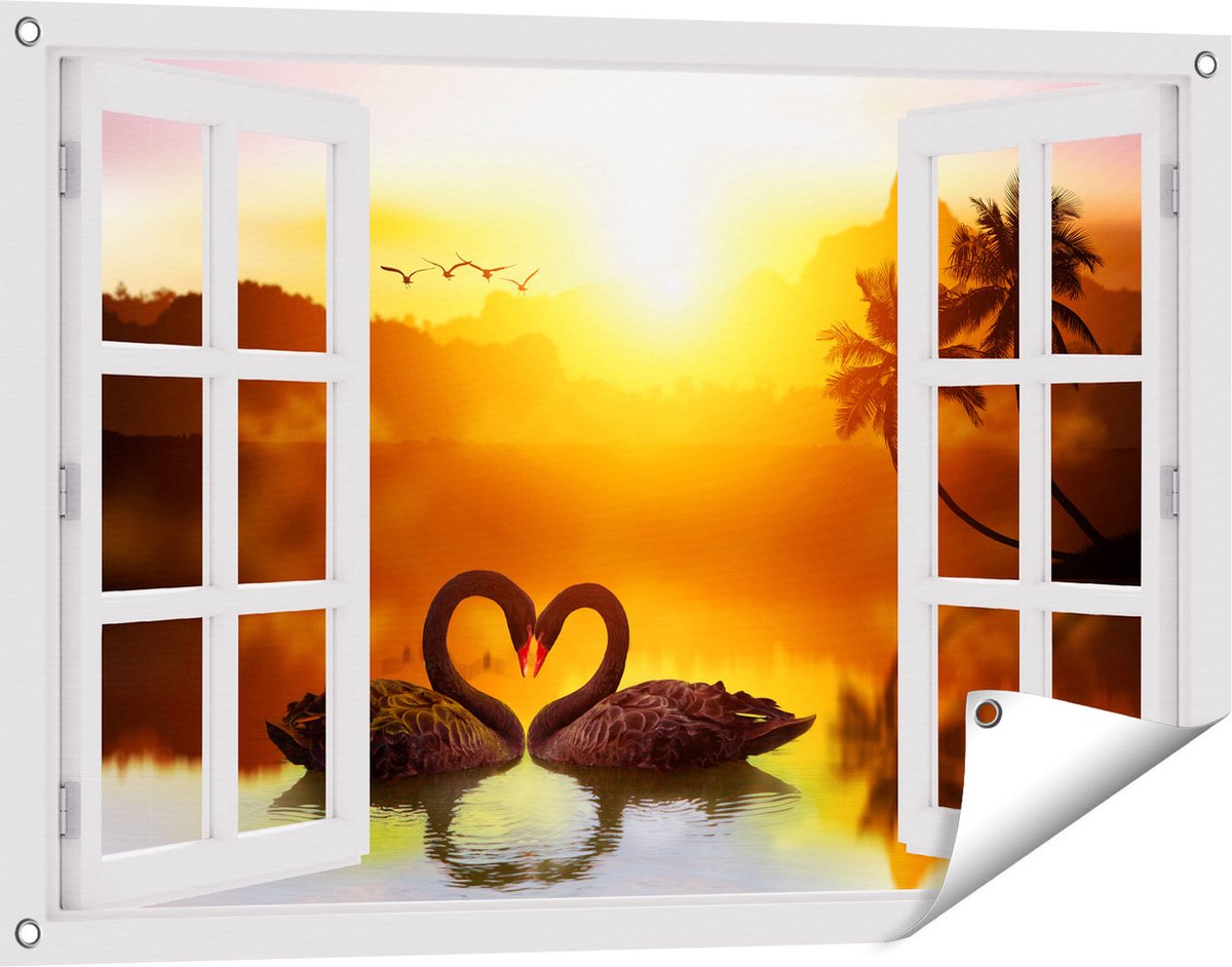 Gards Tuinposter Doorkijk Twee Zwarte Zwanen in een Hart Vorm - 90x60 cm - Tuindoek - Tuindecoratie - Wanddecoratie buiten - Tuinschilderij