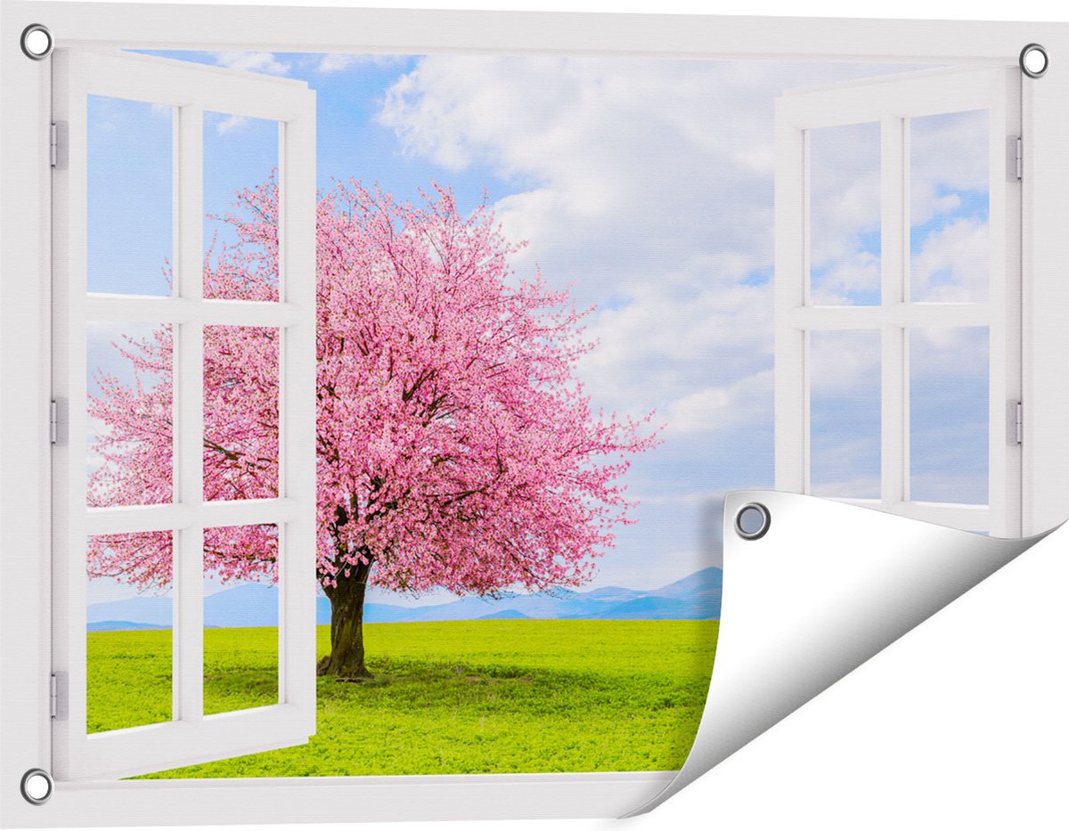 Gards Tuinposter Doorkijk Roze Sakura Bloesem Boom in het Groene Veld - 60x40 cm - Tuindoek - Tuindecoratie - Wanddecoratie buiten - Tuinschilderij Wit