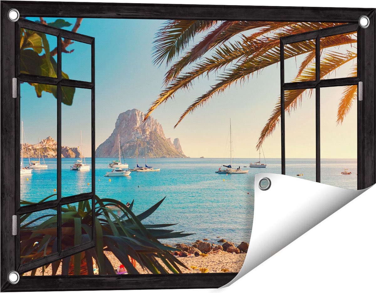 Gards Tuinposter Doorkijk Ibiza Cala d'Hort Strand - 60x40 cm - Tuindoek - Tuindecoratie - Wanddecoratie buiten - Tuinschilderij Zwart