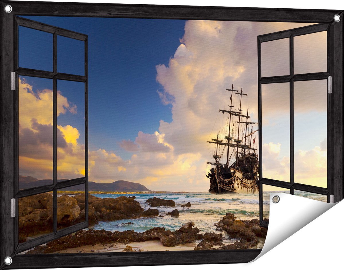 Gards Tuinposter Doorkijk Piratenschip aan de Kust bij Zonsondergang - 90x60 cm - Tuindoek - Tuindecoratie - Wanddecoratie buiten - Tuinschilderij Zwart