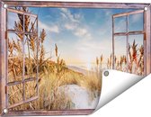 Gards Tuinposter Doorkijk Strand en Zee vanuit Duinen met Zonsondergang - 60x40 cm - Tuindoek - Tuindecoratie - Wanddecoratie buiten - Tuinschilderij