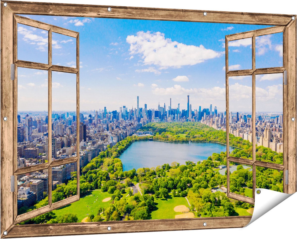 Gards Tuinposter Doorkijk Central Park in New York met Wolkenkrabbers - 150x100 cm - Tuindoek - Tuindecoratie - Wanddecoratie buiten - Tuinschilderij licht bruin