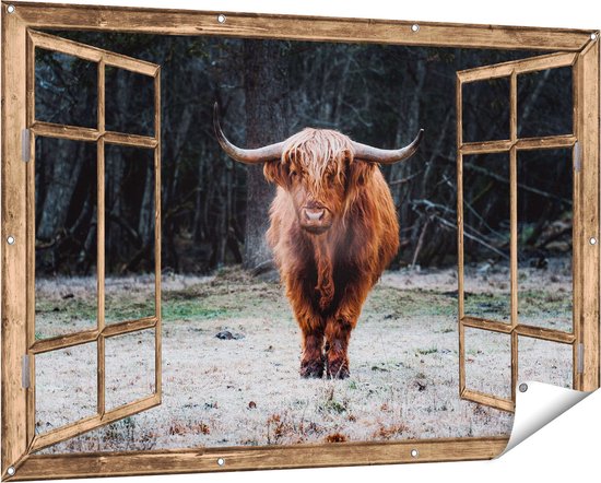 Gards Tuinposter Schotse Hooglander Koe In De Wei - 100x100 Cm Tuindoek Tuindecoratie Wanddecoratie Buiten Tuinschilderij
