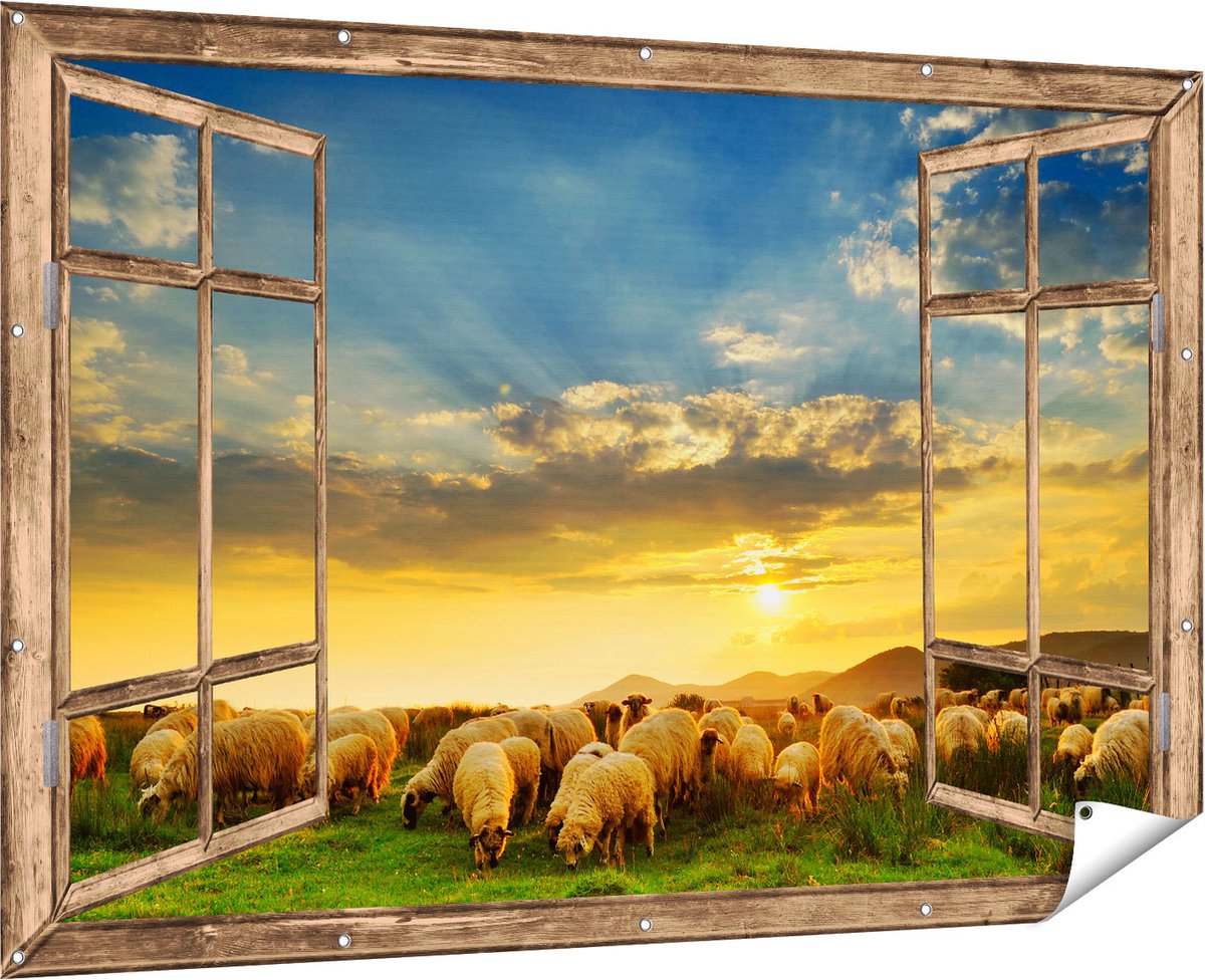 Gards Tuinposter Doorkijk Kudde Schapen op het Gras bij Zonsondergang - 180x120 cm - Tuindoek - Tuindecoratie - Wanddecoratie buiten - Tuinschilderij Multikleur