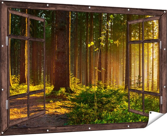Gards Tuinposter Doorkijk Bos met Zon tussen de Bomen - 180x120 cm - Tuindoek - Tuindecoratie - Wanddecoratie buiten - Tuinschilderij