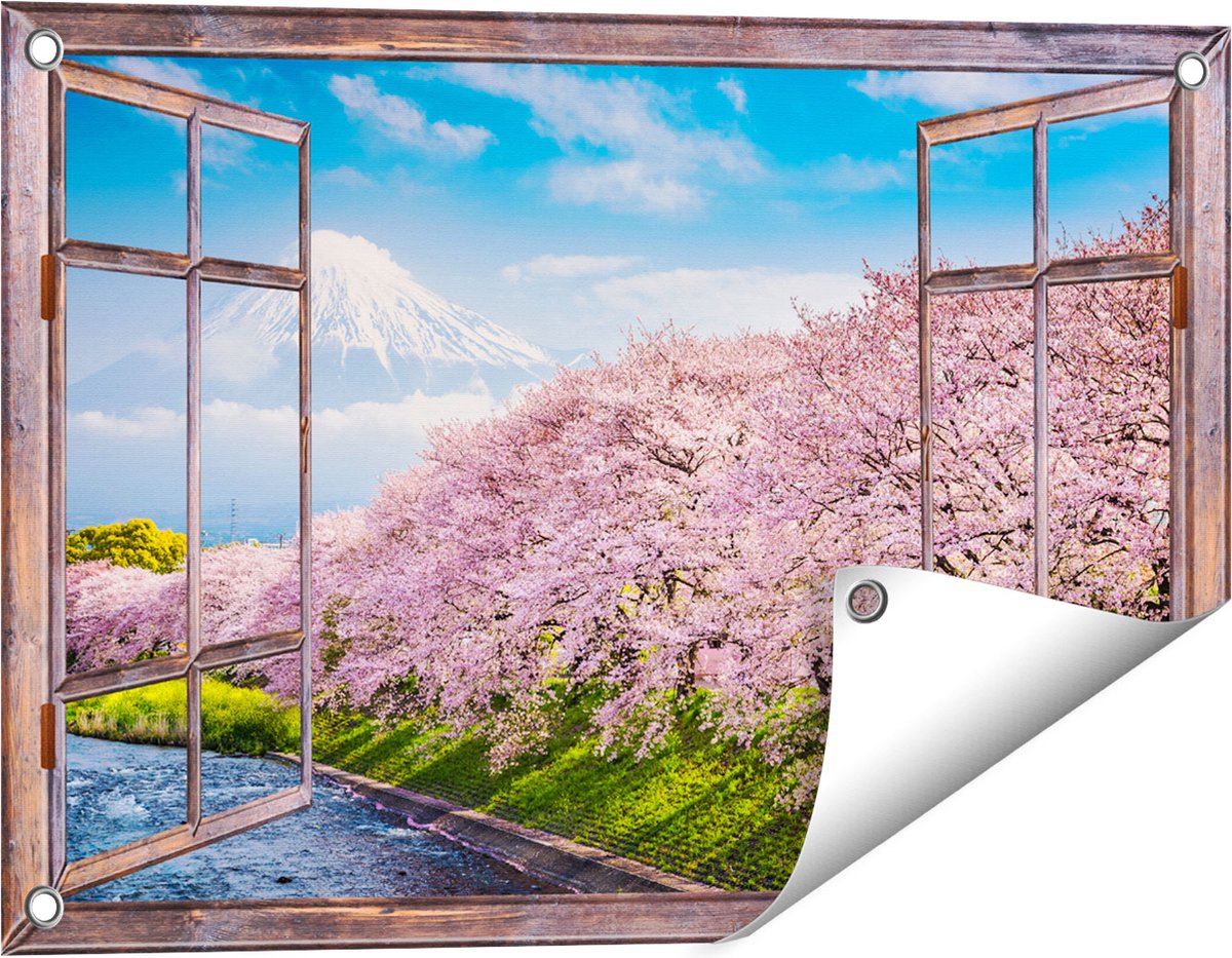 Gards Tuinposter Doorkijk Roze Bloesembomen bij de Fuji Berg - 60x40 cm - Tuindoek - Tuindecoratie - Wanddecoratie buiten - Tuinschilderij