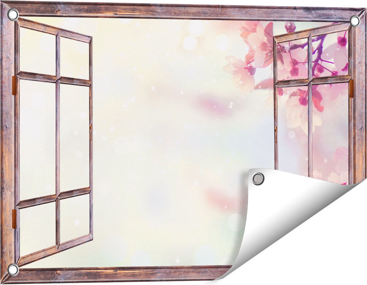 Gards Tuinposter Doorkijk Roze Bloesemboom met Zonneschijn - 60x40 cm - Tuindoek - Tuindecoratie - Wanddecoratie buiten - Tuinschilderij