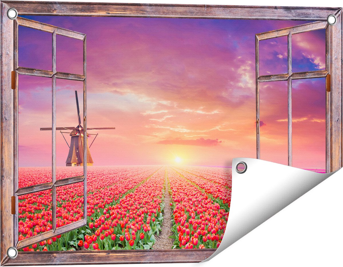 Gards Tuinposter Doorkijk Rode Rozen Bloemenveld met een Windmolen - 60x40 cm - Tuindoek - Tuindecoratie - Wanddecoratie buiten - Tuinschilderij