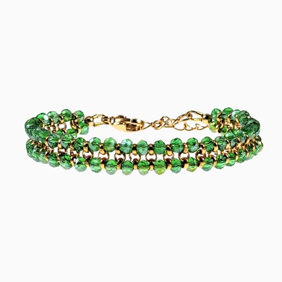 Dubbele Armband Dames - Groene Kralenarmband - Verguld RVS - Gefacetteerde Kristallen - Verstelbaar