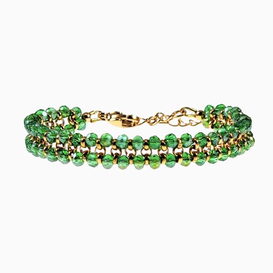 Bracelet Double Femme - Bracelets de perles Vert - Acier Inoxydable Plaqué Or - Cristaux Facettés - Ajustable