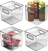 Set van 4 opbergdozen met handgrepen, praktische koelkastbox voor het bewaren van levensmiddelen, opbergruimte van BPA-vrij kunststof voor de keuken of koelkast, doorzichtig/grijs