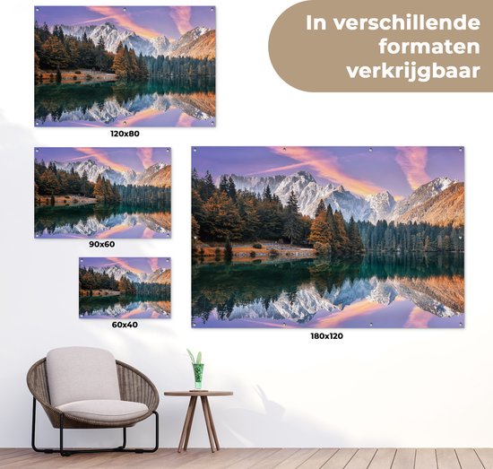 Affiche jardin - Toile jardin - Posters de jardin extérieur - Montagnes - Forêt - Water - Ciel - Rose - Violet - 120x80 cm - Jardin