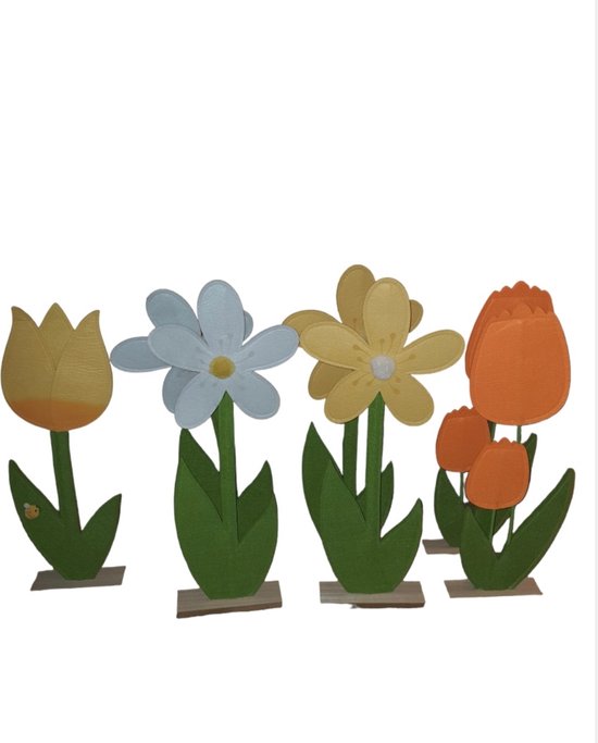 Mica Decorations Vilten bloemen op houten voet,Set van 7, L27 x B6 x H62cm