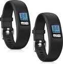 Twee zwarte activity tracker bandjes met diamantpatroon, zilveren gesp en display.