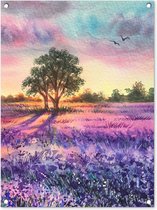 Tuinschilderij Lavendel - Verf - Vogels - Bomen - Paars - 60x80 cm - Tuinposter - Tuindoek - Buitenposter
