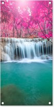 Tuinposter Waterval - Boom - Roze - Natuur - 40x80 cm - Wanddecoratie Buiten - Tuinposter - Tuindoek - Schuttingposter - Tuinschilderij