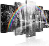 Schilderij - Regenboog bij grijze waterval , 5 luik