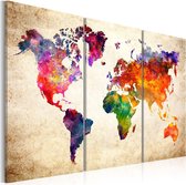 Schilderij - Wereldkaart , Wereld in Waterverf , 3 luik