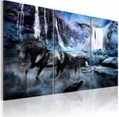 Schilderij - Zwart Paard voor Waterval II, zwart/blauw, Wanddecoratie , premium print,  3luik