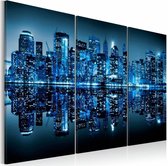 Schilderij - New York City -  Blauwe Stad, 3luik, wanddecoratie