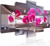 Schilderij - Orchidee op een ingetogen achtergrond , roze grijs , 5 luik , 200x100cm