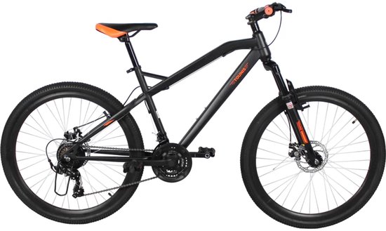 Zwarte mountainbike Tounis Light 27,5 met oranje zadel, handvatten en accenten.