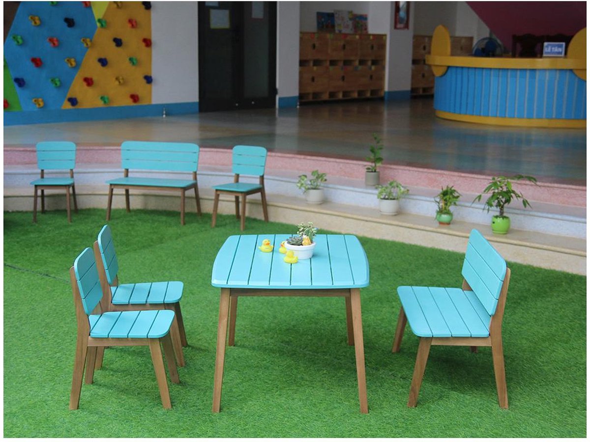MYLIA Tuineetset voor kinderen van acaciahout - 2 stoelen, 1 bank en 1 tafel - Blauw - GOZO L 80 cm x H 57 cm x D 60 cm