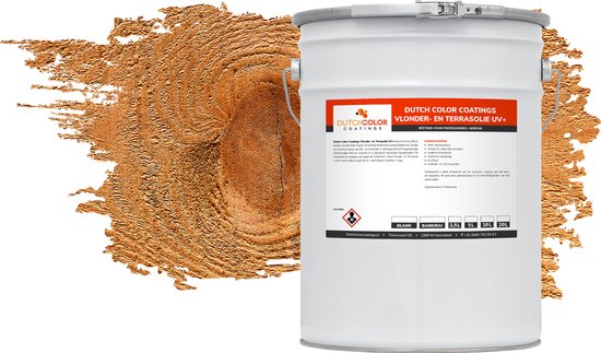 Pot met bruine houtolie. "Dutch Color Coatings Vlonder- en Terrasolie UV+" - 5L, 10L, 20L.