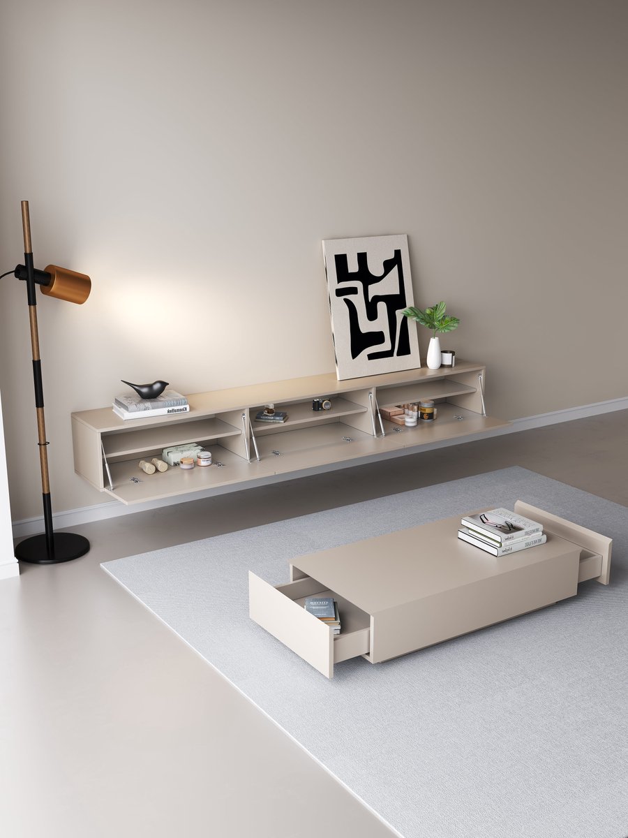 TV meubel 180cm - URBAN Exclusive Collection - TV Kast - TV Meubel - TV Meubels - TV Meubel Hout - Japandi Beige mat