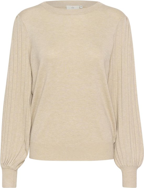 Lichtbeige gebreide trui met wijde, geribbelde pofmouwen.