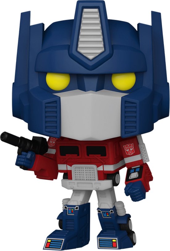 Figurine vinyle Optimus Prime, bleue avec poitrine rouge, ventre blanc et yeux jaunes, tenant un pistolet.