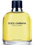 Dolce & Gabbana Pour Homme Eau de Toilette, heldere gele vloeistof in een glazen fles met donkerblauwe dop.