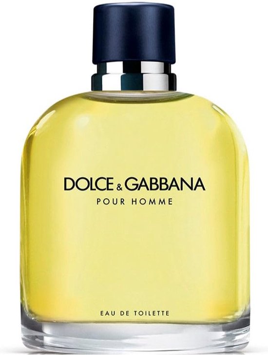 Dolce & Gabbana Pour Homme Eau de Toilette, heldere gele vloeistof in een glazen fles met donkerblauwe dop.