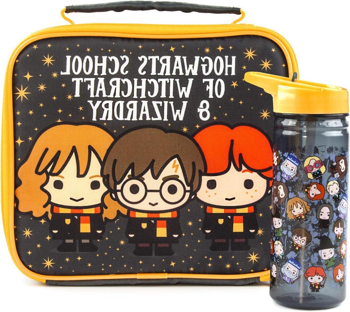 Personages Harry Ron Hermelien Chibi lunchtas en fles set - Voedselhouder en waterfles voor kinderen - Geïsoleerde tas om eten vers te houden