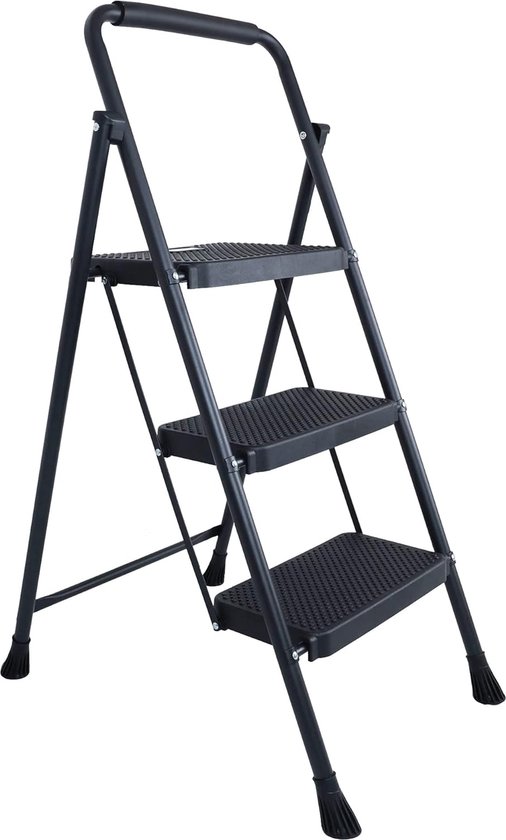 BONTEC 3-Traps Ladder, 150KG Capaciteit, Brede Antislip Pedalen, Opvouwbaar, Spons Handgreep, Lichtgewicht en Draagbaar, Geschikt voor Thuis en Buiten, Roze